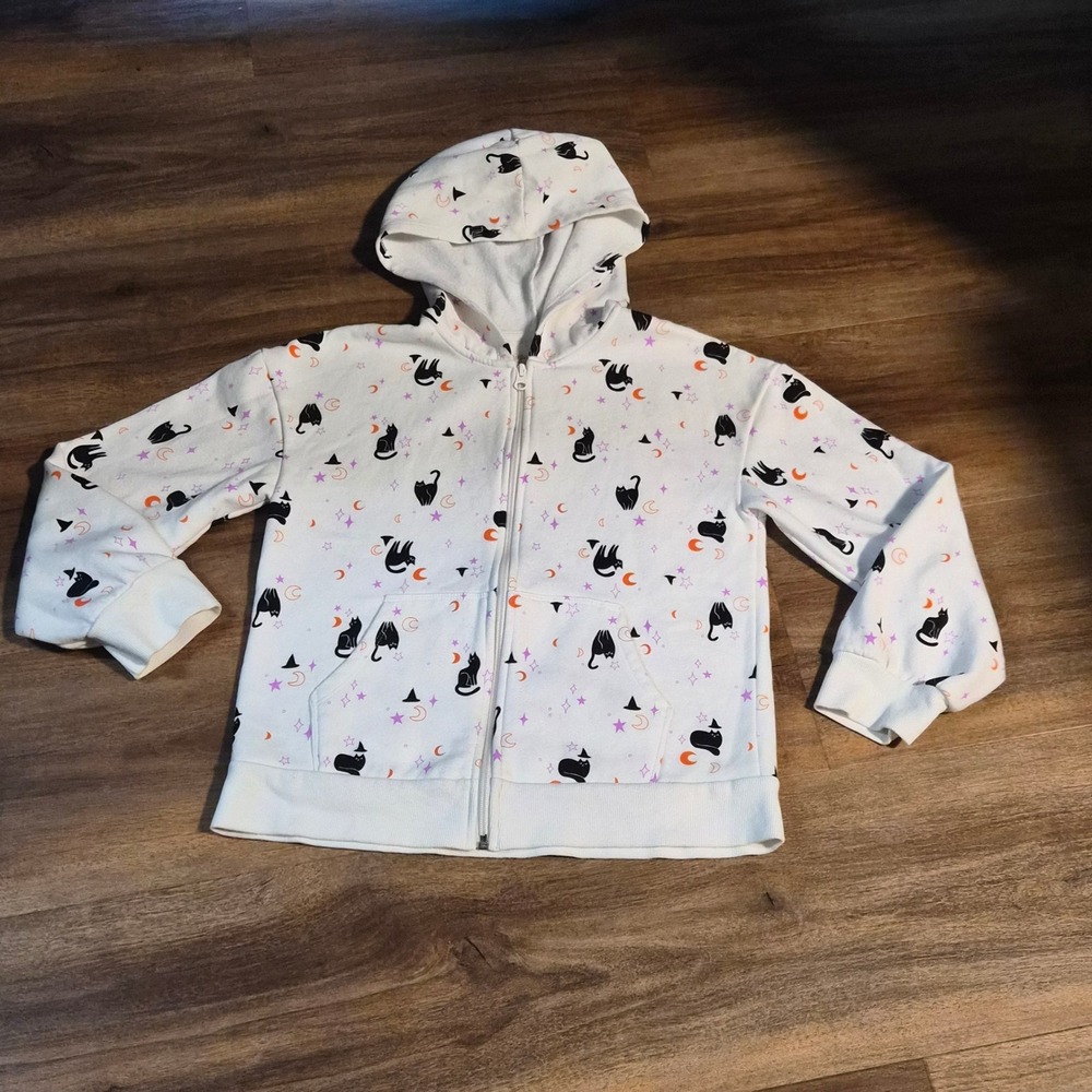 Cat & Jack Girls XL 14 Zip Up Hoodie Black Cat Witch Hat Moon Star Print White
